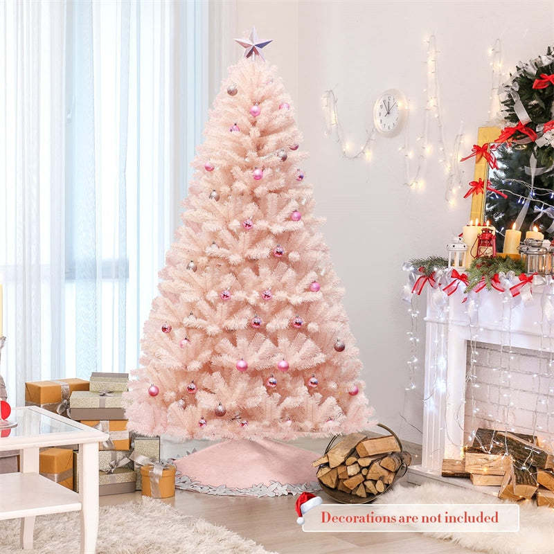 6FT Pink Artificial Christmas Tree Unlit Hinged Spruce Xmas Full Tree with Foldable Metal Stand, 617 Branch Tips for Outdoor Indoor Holiday Decor