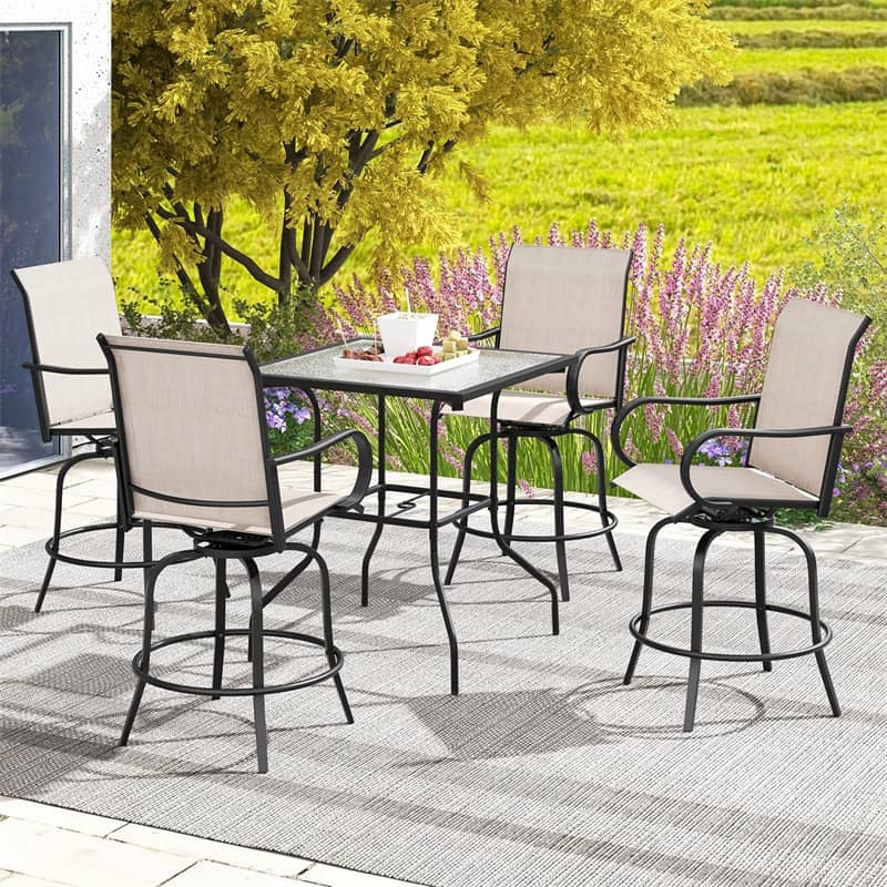 Outdoor Swivel Bar Stools Set of 2, All-Weather Steel Frame Bar Height Patio Chairs with Curved Armrests, High Back & Cozy Footrest