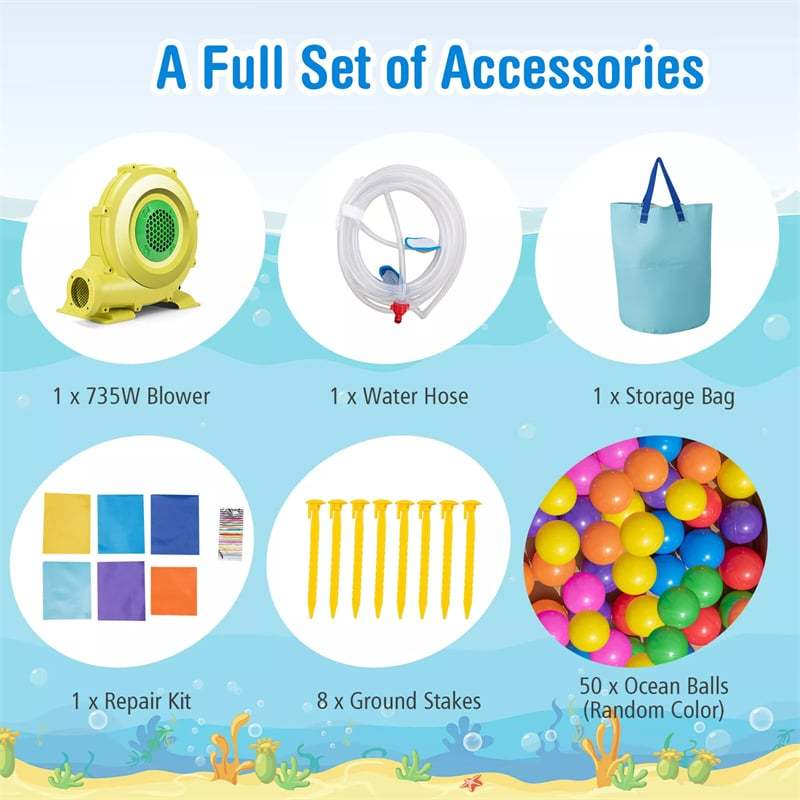 Inflatable Water Slide Ocean Theme Bounce House Water Park with Surfing Slide, 2 Splash Pools, 735W Blower, Water Cannon for Kids Indoor Outdoor Party