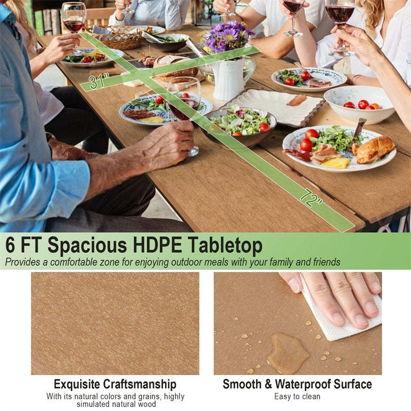 6FT Outdoor Picnic Table Bench Set for 6-8 Person, All-Weather HDPE Heavy-Duty Picnic Table with 2 Benches & Umbrella Hole, 2550LBS Capacity