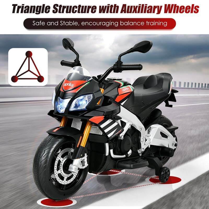 12V Kids Aprilia Licensed Electric Toddler Ride-On Motorbike with Training Wheels