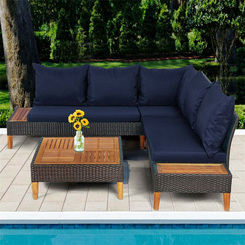 4 Piece Acacia Wood Patio Furniture Set, Outdoor Rattan Sectional Sofa with Cushions, Loveseat, Side Table, Coffee Table for Backyard Garden
