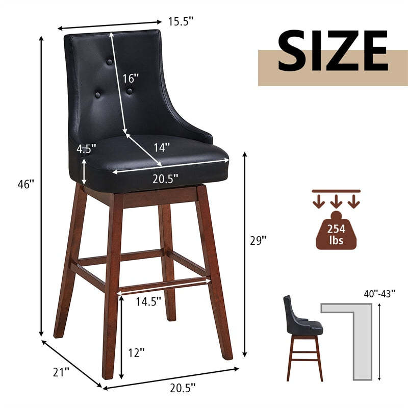 Set of 2 Swivel Bar Stools 29" Pub Height Upholstered Bar Stools with Button Tufted Backrest & Rubber Wood Legs