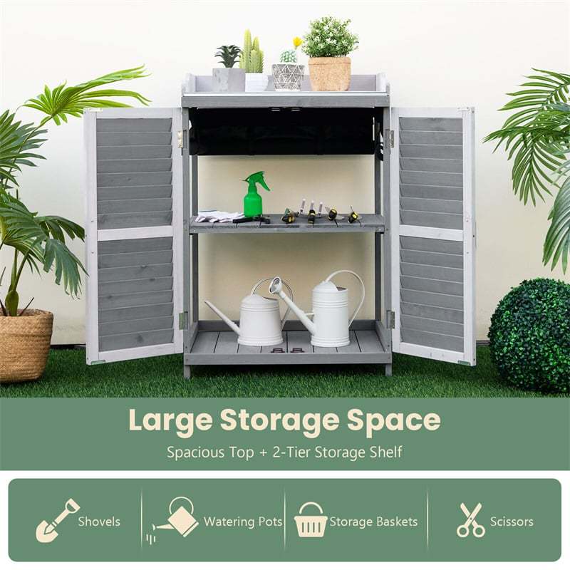 Outdoor Potting Bench Table with Metal Tabletop, Roll-Up Door & 2 Shelves, Waterproof Wooden Storage Cabinet for Garden, Patio Backyard