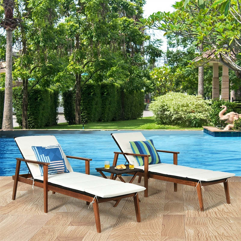 3 Piece Acacia Wood Patio Chaise Lounge Set with Folding Rattan Table