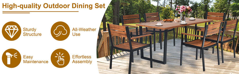 7 Piece Outdoor Patio Dining Table Set with 6 Acacia Wood Armchairs & Umbrella Hole