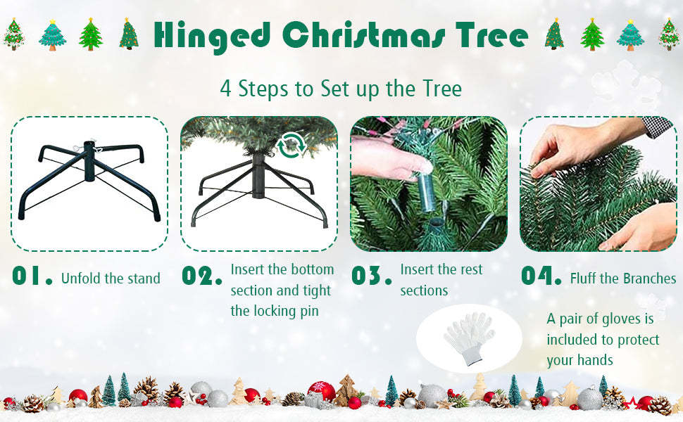 9ft Pre-lit Christmas Tree Spruce Hinged Artificial Xmas Tree with 700 LED Lights & Solid Metal Stand