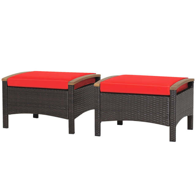 2PCS Patio PE Rattan Ottomans w/ Acacia Wood Handle & Removable Cushion, 3-in-1 Wicker Outdoor Footrest Seat & Side Table for Poolside, Backyard
