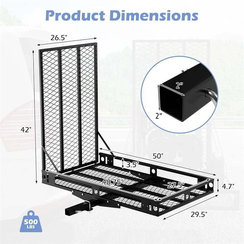 500LBS Hitch Cargo Carrier with Folding Ramp & Tie-Downs, Heavy Duty Mobility Scooter & Wheelchair Carrier for Car, Truck, SUV, RV