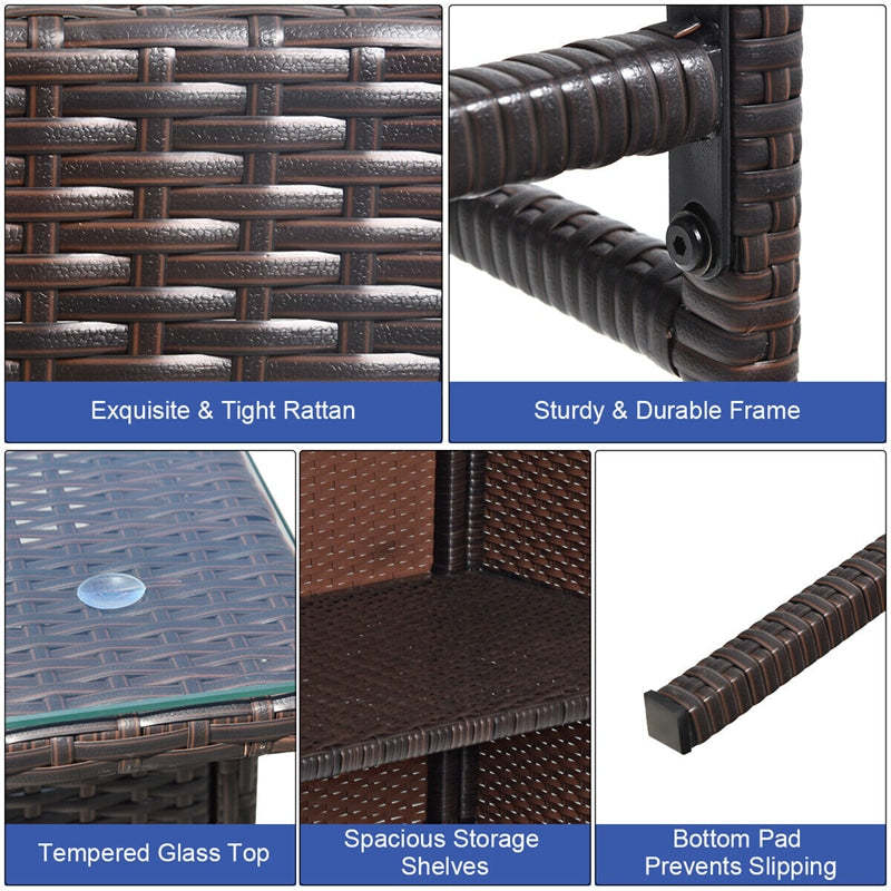 3 Piece Patio Rattan Bar Set Outdoor Wicker Table Cushioned Stools with Gray & Off White Cover