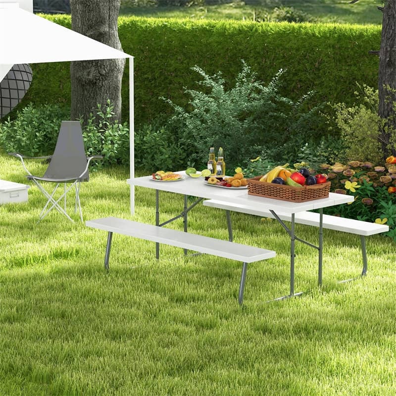 8-Person 6FT Folding Picnic Table & Bench Set, Heavy Duty All-Weather HDPE Outdoor Dining Table with Umbrella Hole & 2 Built-in Benches