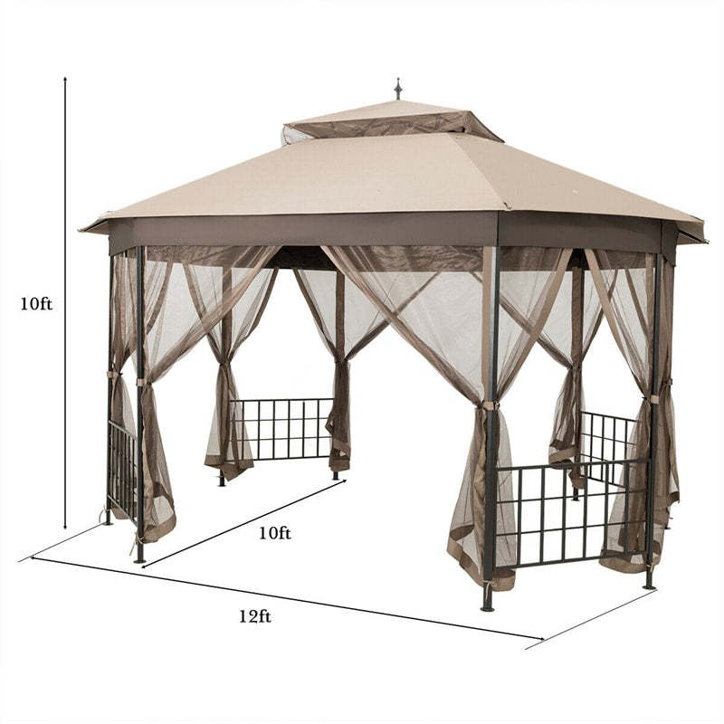 10’ x 12’ Patio Gazebo Canopy Heavy Duty Octagon Outdoor Gazebo with Netting Sidewalls & 2-Tier Ventilated Roof