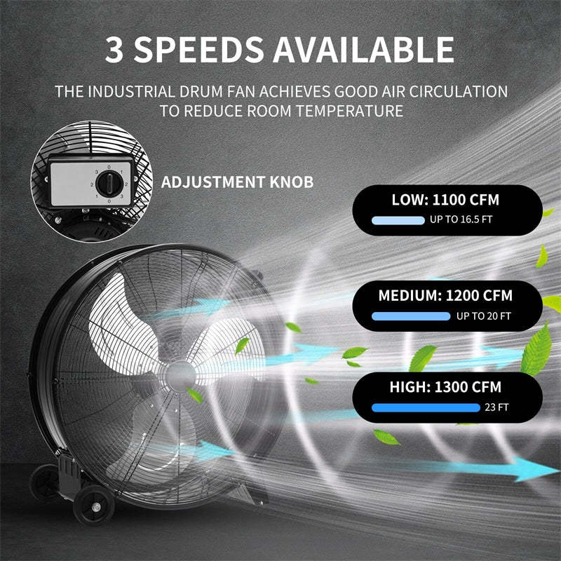 24" 3-Speed Portable Industrial Drum Fan with Aluminum Blades & Built-in Wheels