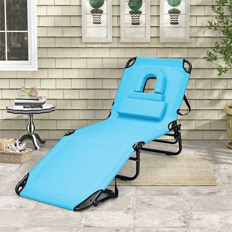 Folding Beach Chaise Lounge Chair, 5-Position Adjustable Sunbathing Recliner with Face Hole, Removable Pillows, Carry Strap, 350LB Support