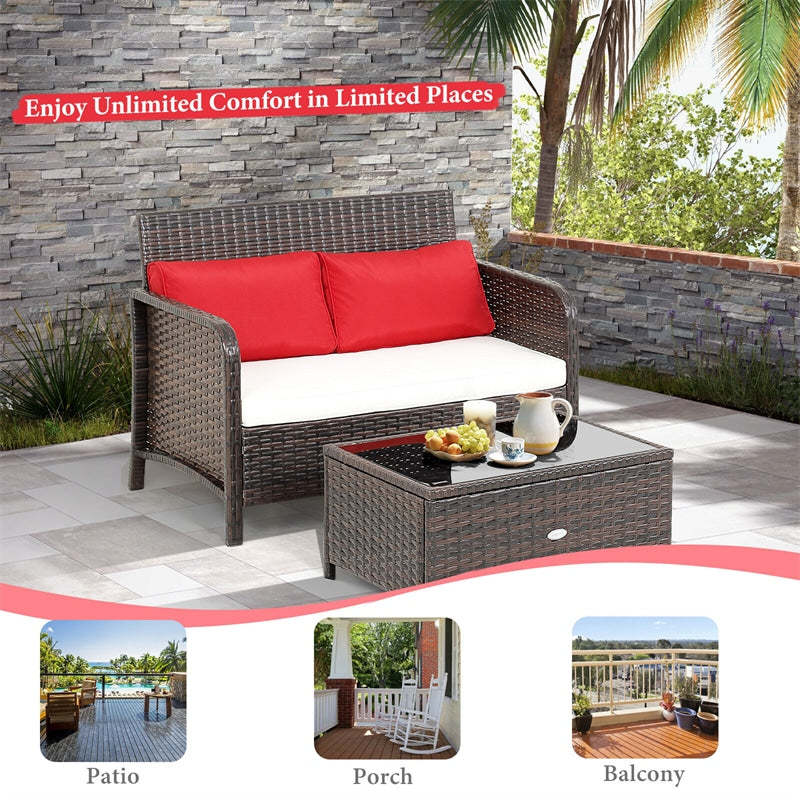 2-Piece Outdoor Wicker Furniture Set Patio Rattan Loveseat Set with Coffee Table & Cushions