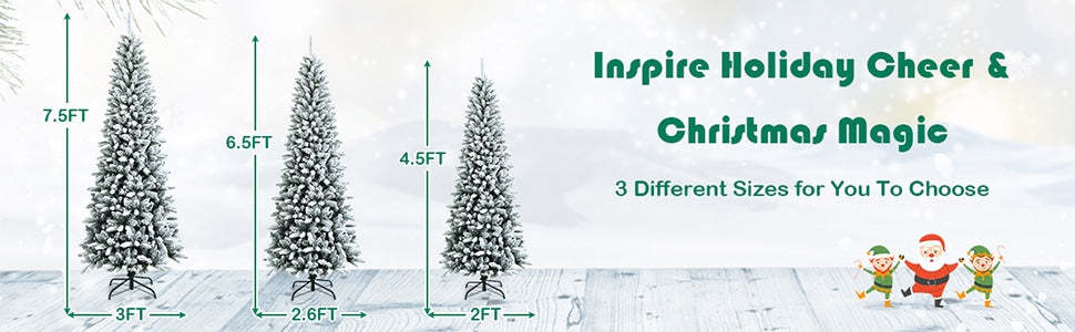 7.5ft Snow Flocked Pencil Christmas Tree Hinged Artificial Slim Xmas Tree with 1189 Branch Tips & Metal Stand