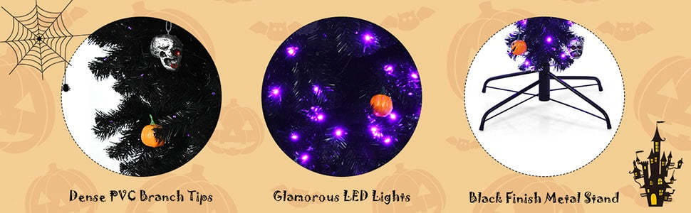 Upside Down Christmas Tree Pre-Lit Black Halloween Tree with 270 Purple LED lights, Artificial Hinged Inverted Xmas Tree for Holiday Carnival Party Decor