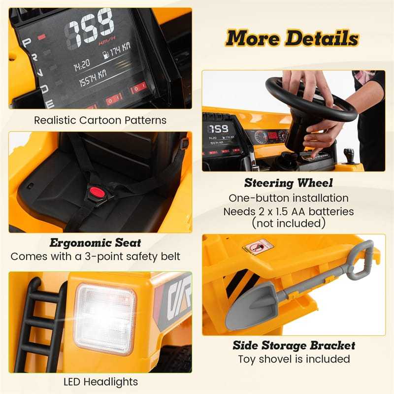 Kids Ride On Dump Truck 12V Battery Ride On Car with Electric Dump Bed, Remote Control & LED Lights, Ride On Construction Vehicle for Kids 3+