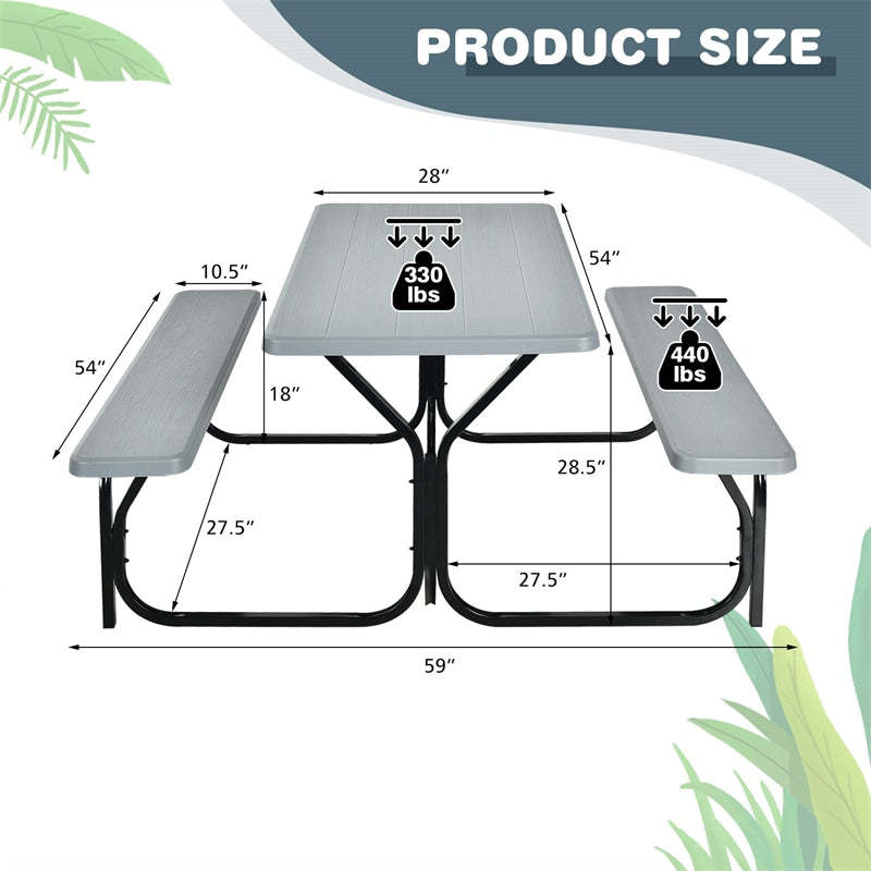 Outdoor Picnic Table Bench Set, All-Weather Metal Frame Camping Table with Built-in Benches & Wood-Like Tabletop for Backyard, Patio, Poolside