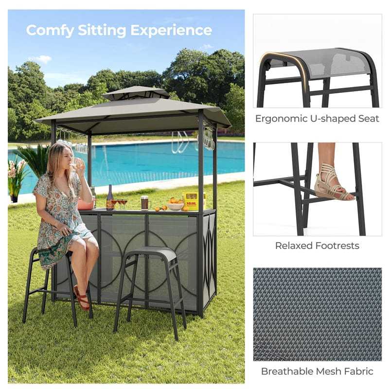 3PCS Patio Bar Set 2-Tier Vented Top Grill Gazebo & 2 Bar Stools Set with Tempered Glass Bar Table, Metal Storage Shelves & Glass Holders