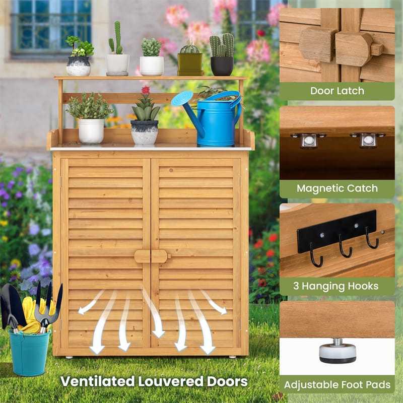Outdoor Potting Bench Garden Potting Table w/ Storage Cabinet, Galvanized Metal Tabletop & Removable Shelves, Wood Workstation Shed for Patio Backyard