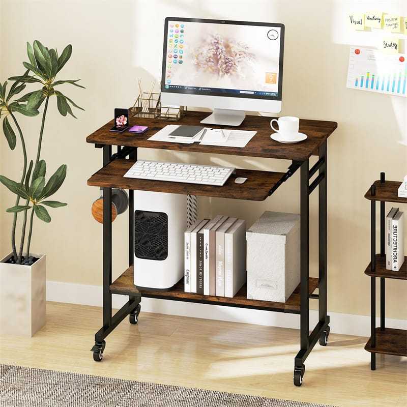 Rolling Computer Desk Cart, Mobile Laptop Desk with Keyboard Tray & CPU Stand, Industrial Small Desk on Wheels for Small Spaces, Home Office, Bedroom