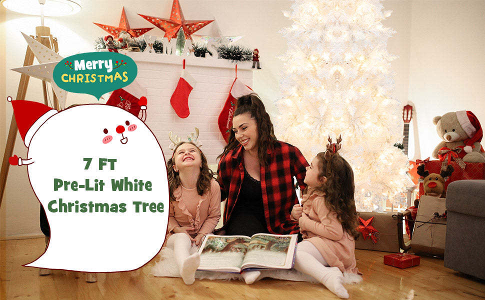 7ft White Pre-Lit Pencil Christmas Tree Hinged Slim Artificial Tree with 800 Branch Tips 300 Lights 8 Lighting Modes