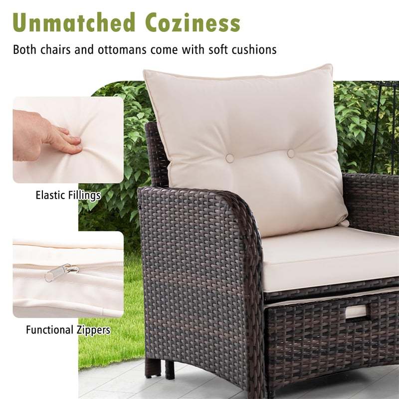 5PCS Wicker Patio Conversation Set Space Saving Outdoor Rattan Sofa Set Cushioned Chairs with 2 Ottomans & Tempered Glass Coffee Table for Backyard