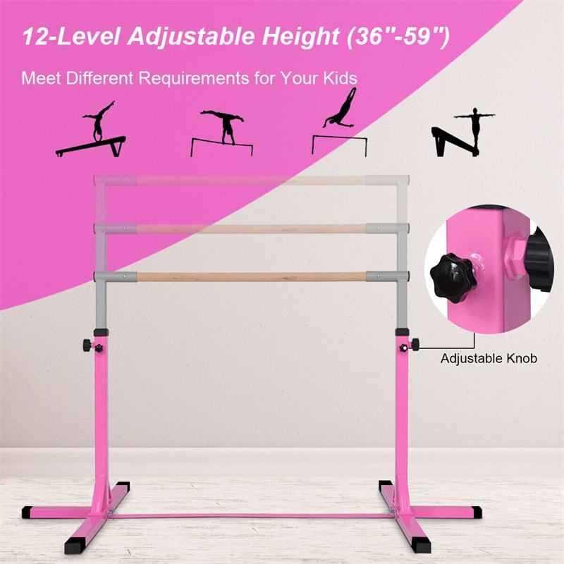 Steel Gymnastics Training Bar, 3' to 5' Height Adjustable Kip Bar with Double Locking Mechanism, Junior Horizontal Bar for Home Practice