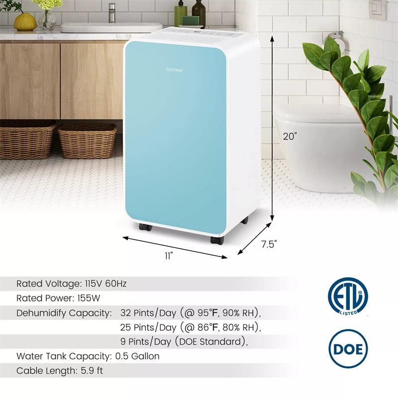 2500 Sq. Ft Dehumidifier for Home & Basement, 32 Pints Portable Quiet Dehumidifier with Sleep Mode, 24H Timer, Auto Defrost & Drain Hose