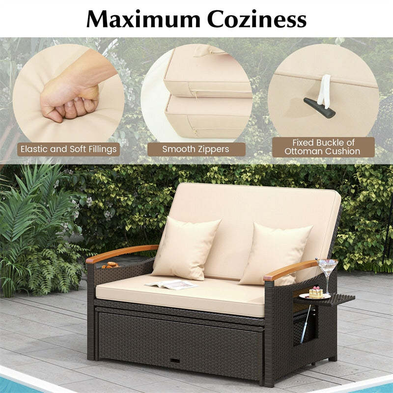 Patio Rattan Daybed Outdoor Double Chaise Lounge Adjustable Backrest with Cushioned Loveseat, Storage Ottoman & Retractable Side Tray