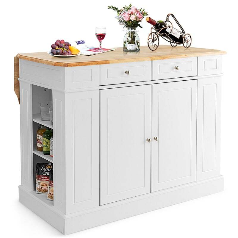 47" Kitchen Island with Drop Leaf, Rubber Wood Top, 2 Drawers, Adjustable Shelves & Spice Racks, Coffee Bar Table for Dining Room Storage