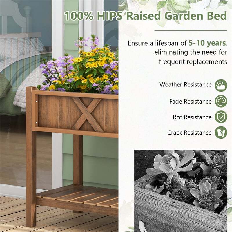 44" HIPS Raised Garden Bed with Legs, Storage Shelf & Drainage Holes, Weatherproof Elevated Planter Box for Backyard, Balcony, Flowers, Herbs