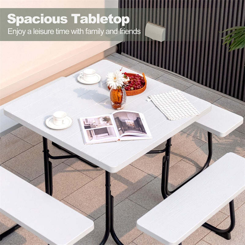 8-Person Picnic Table Set, Square Outdoor Table with 4 Built-in Benches, Umbrella Hole, HDPE Top, Metal Frame, 500LBS Capacity for Garden Patio