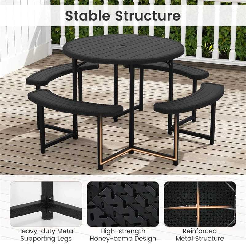 8 Person Round Outdoor Picnic Table Bench Set with Umbrella Hole, HDPE Tabletop, Metal Frame & 2000lbs Capacity for Patio, Garden, Lawn