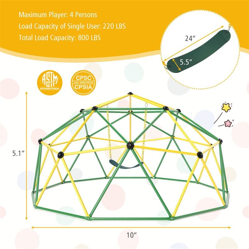 10FT Climbing Dome with Swing, Geometric Dome Climber Indoor Outdoor Jungle Gym Monkey Bar Climbing Toys for Kids Toddlers