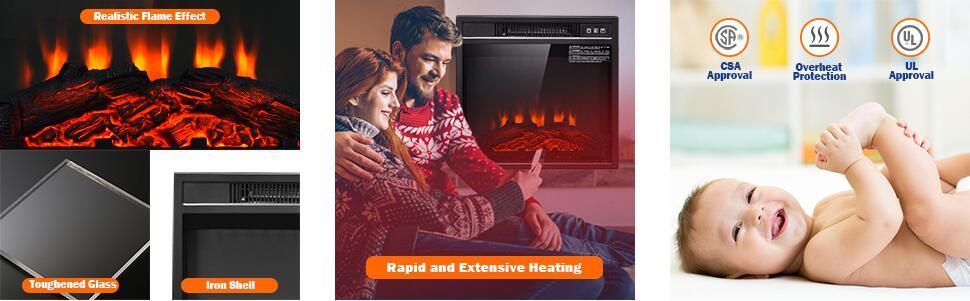 18 Inch Electric Fireplace Insert 1400 W Freestanding Recessed Fireplace with Adjustable Flame Thermostat Remote Control