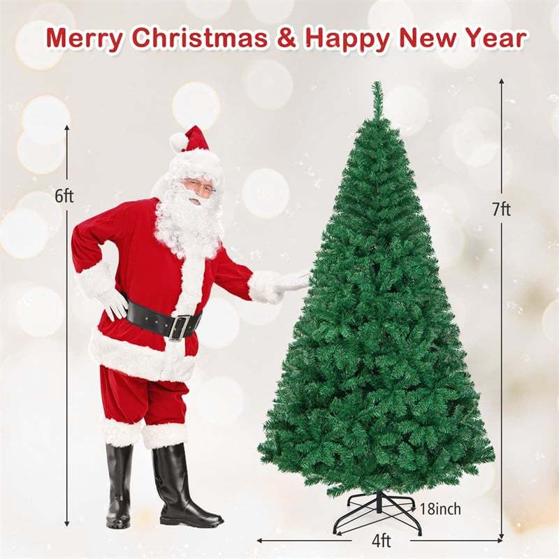 7FT Green Artificial Christmas Tree Unlit Pine Xmas Tree with 950 PVC Branch Tips, Solid Metal Stand for Outdoor Indoor Holiday Decoration