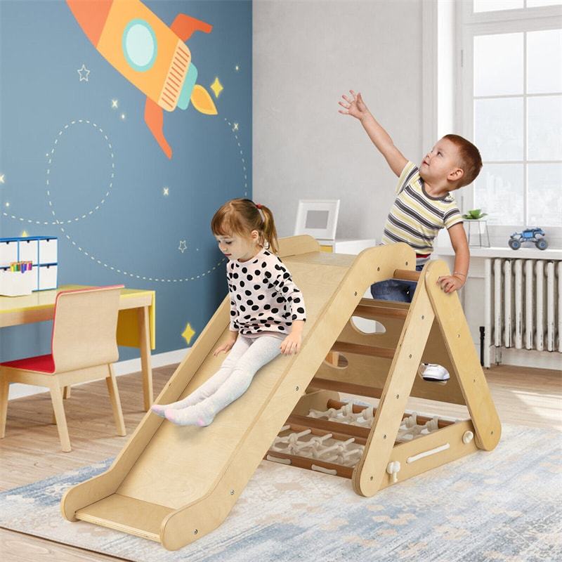 3-Side Wooden Triangle Climber with Slide Ramp, Climbing Net & Board, 4-in-1 Pikler Triangle Ladder Montessori Climbing Toys for Toddlers