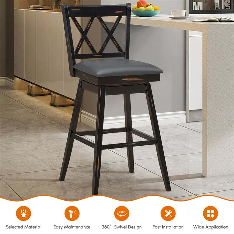 Swivel Bar Stools Set of 2, Rubber Wood 29.5" Counter Height Dining Chairs with Upholstered Cushions, Ergonomic Backrests & Footrests