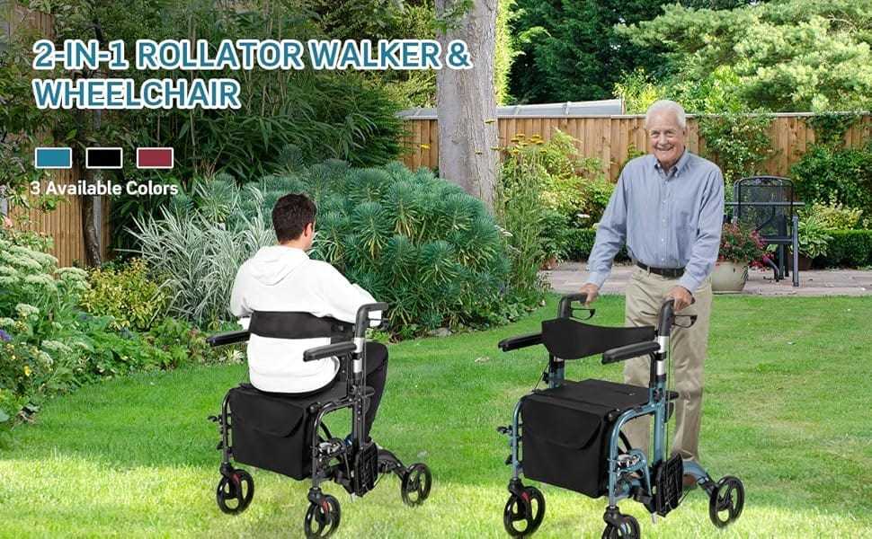2-in-1 Folding Rollator Walker for Seniors with Seat, 8" Wheel Medical Walker Transport Wheelchair, Height Adjustable Handle, Mobility Aid