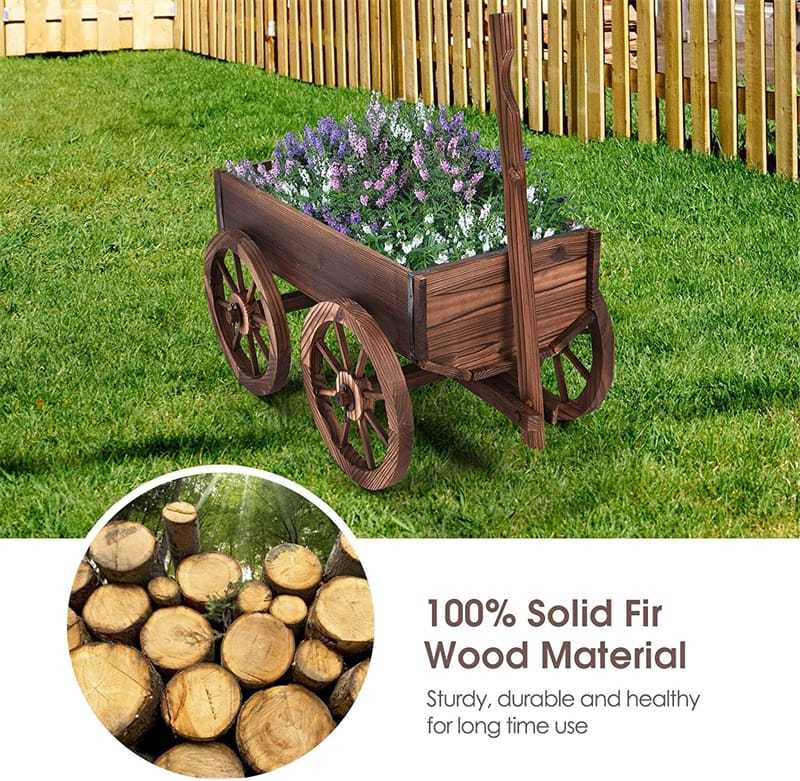 Wood Wagon Planter Flower Pot Stand with Wheels for Home Garden Outdoor Decor