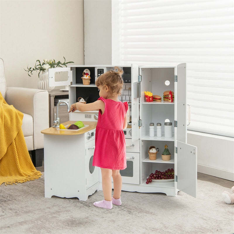 Kids Wooden Corner Kitchen Playset, 11-in-1 Little Chef Pretend Play Kitchen Toy Set with Realistic Washer, Microwave, Range Hood, Fridge & Telephone
