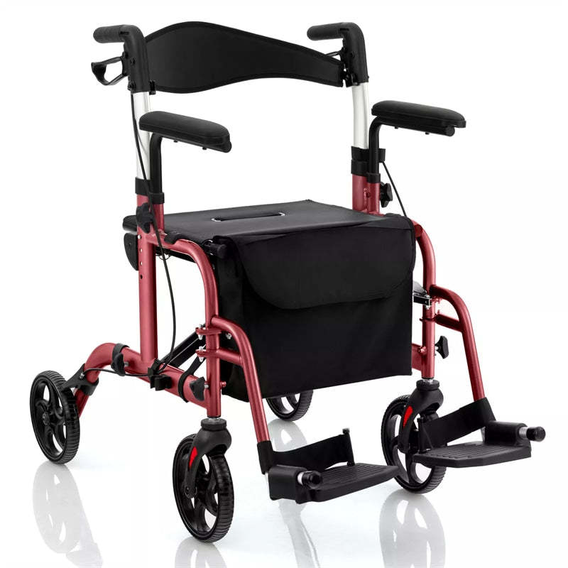 2-in-1 Folding Rollator Walker Wheelchair Combo with Backrest & Adjustable Height, 300lbs Aluminum Mobility Walking Aid for Seniors/Adults