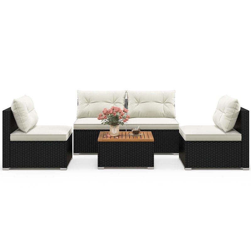 5-Piece Patio Rattan Sectional Sofa Set Outdoor Wicker Conversation Set with Acacia Wood Side Table, Seat & Back Cushions