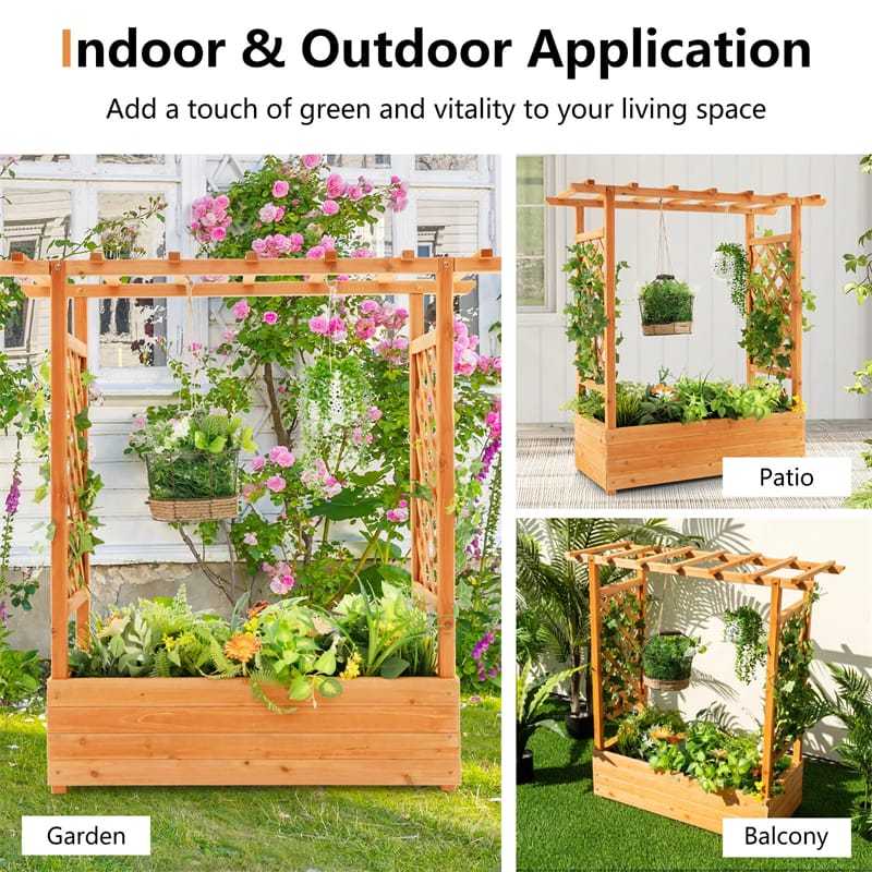 Raised Garden Bed with 2-Sided Trellis, Hanging Roof, Drainage Holes, Indoor/Outdoor Wood Planter Box for Climbing Plants, Vines, Flowers