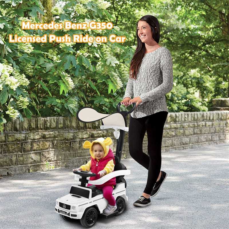 3-in-1 Push Car for Toddlers, Mercedes Benz G350 Stroller Sliding Car w/Canopy, Handle, Guardrail & Storage, Foot-to-Floor Ride-On Toy for Kids