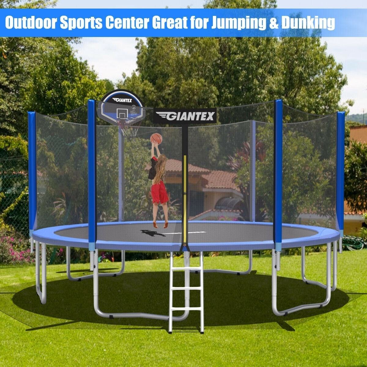 15 ft Round Trampoline with Safety Enclosure Net and Basketball Hoop