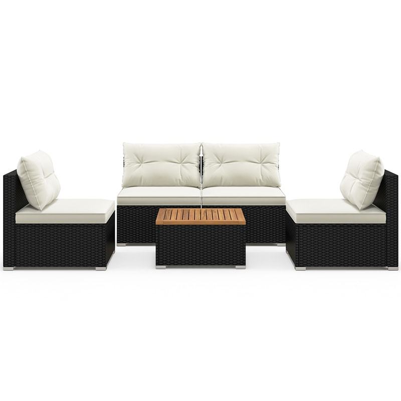 5-Piece Patio Rattan Sectional Sofa Set Outdoor Wicker Conversation Set with Acacia Wood Side Table, Seat & Back Cushions