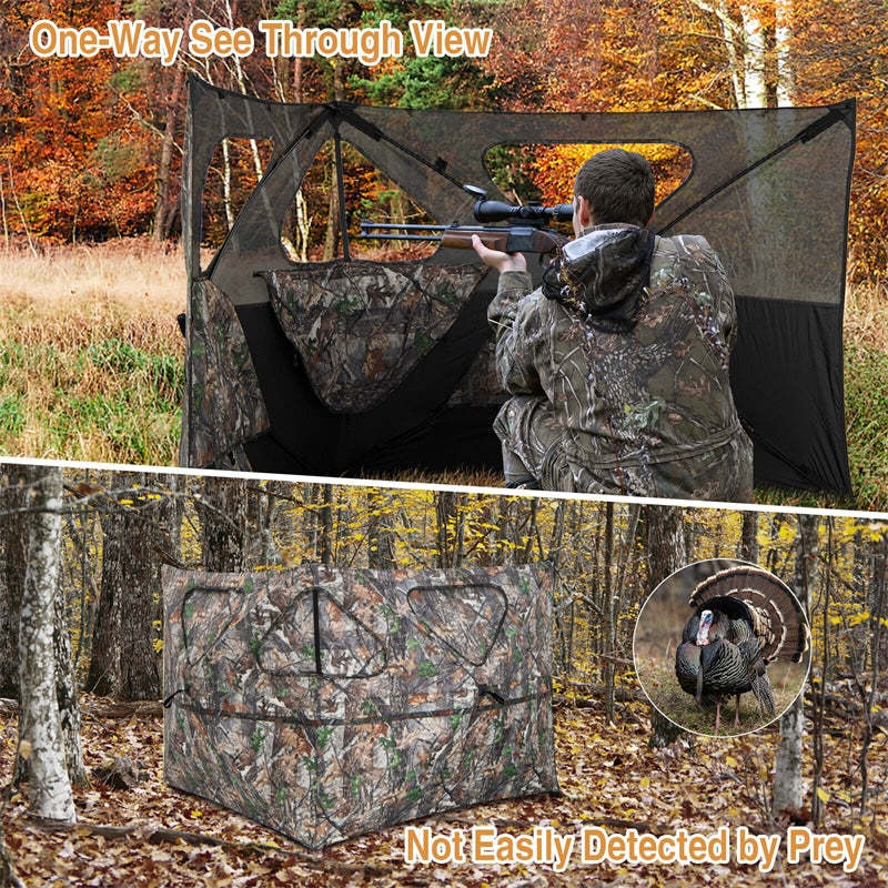 Turkey Hunting Blind 2-3 Person See Through Pop Up Ground Blind with 3 Shoot Through Ports, 2 Storage Pockets & Carrying Bag